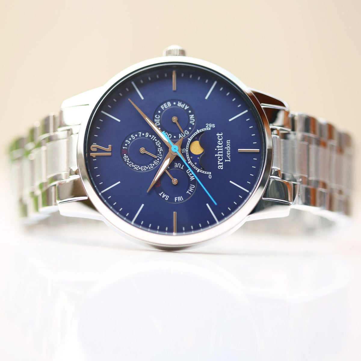 Personalized Moonphase Chronograph Watch (Blue Dial)  Men's Watches Deeply Engraved