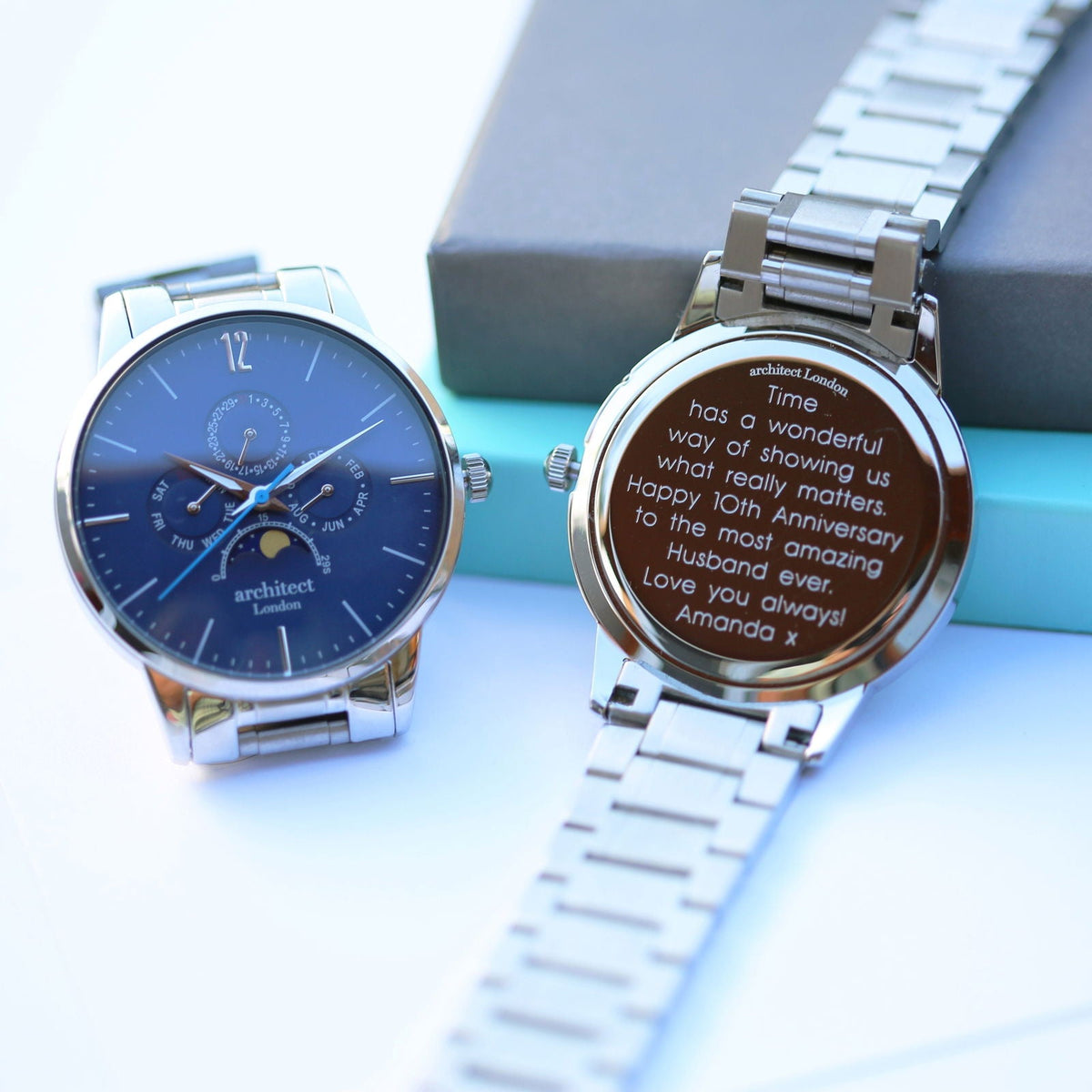 Personalized Moonphase Calender-Watch (Blue Dial)  Men's Watches Deeply Engraved