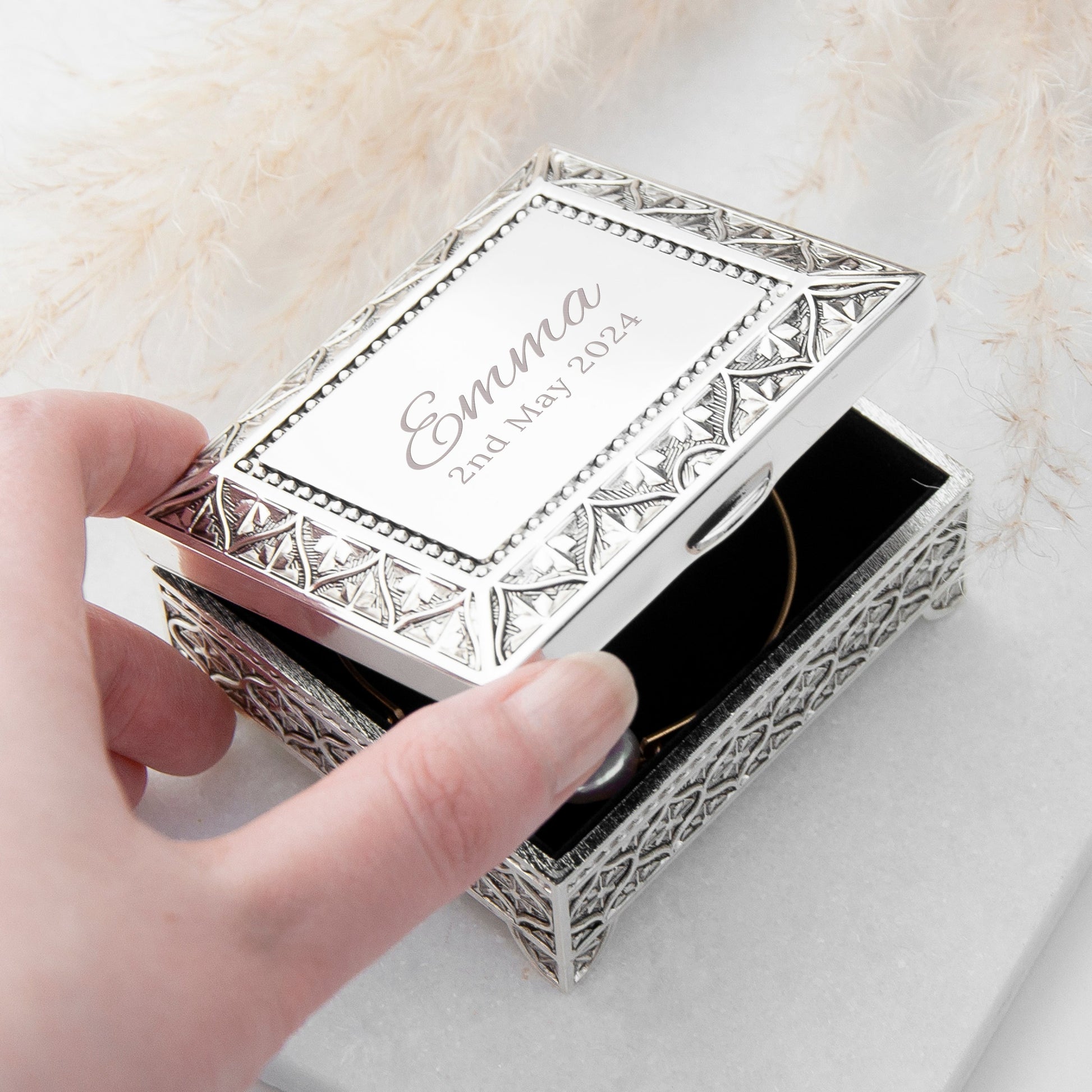 Personalized Mosaic Silver Trinket Box  Jewellery Boxes & Storage Deeply Engraved