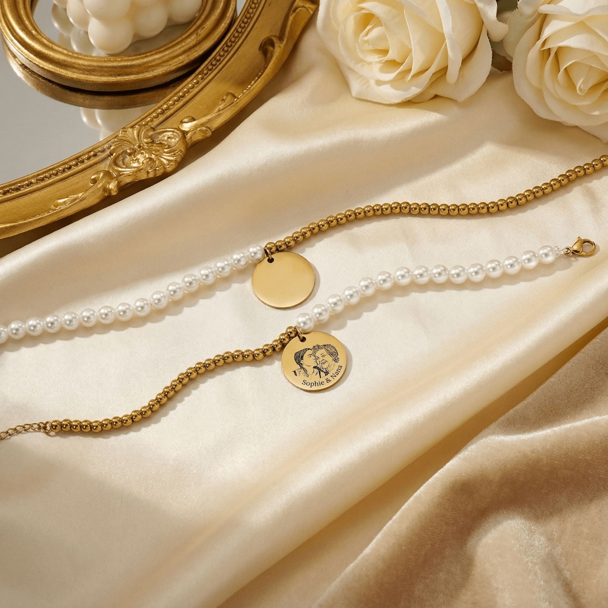 Personalized Mother of Pearl Portrait Bracelet  Bracelets Deeply Engraved