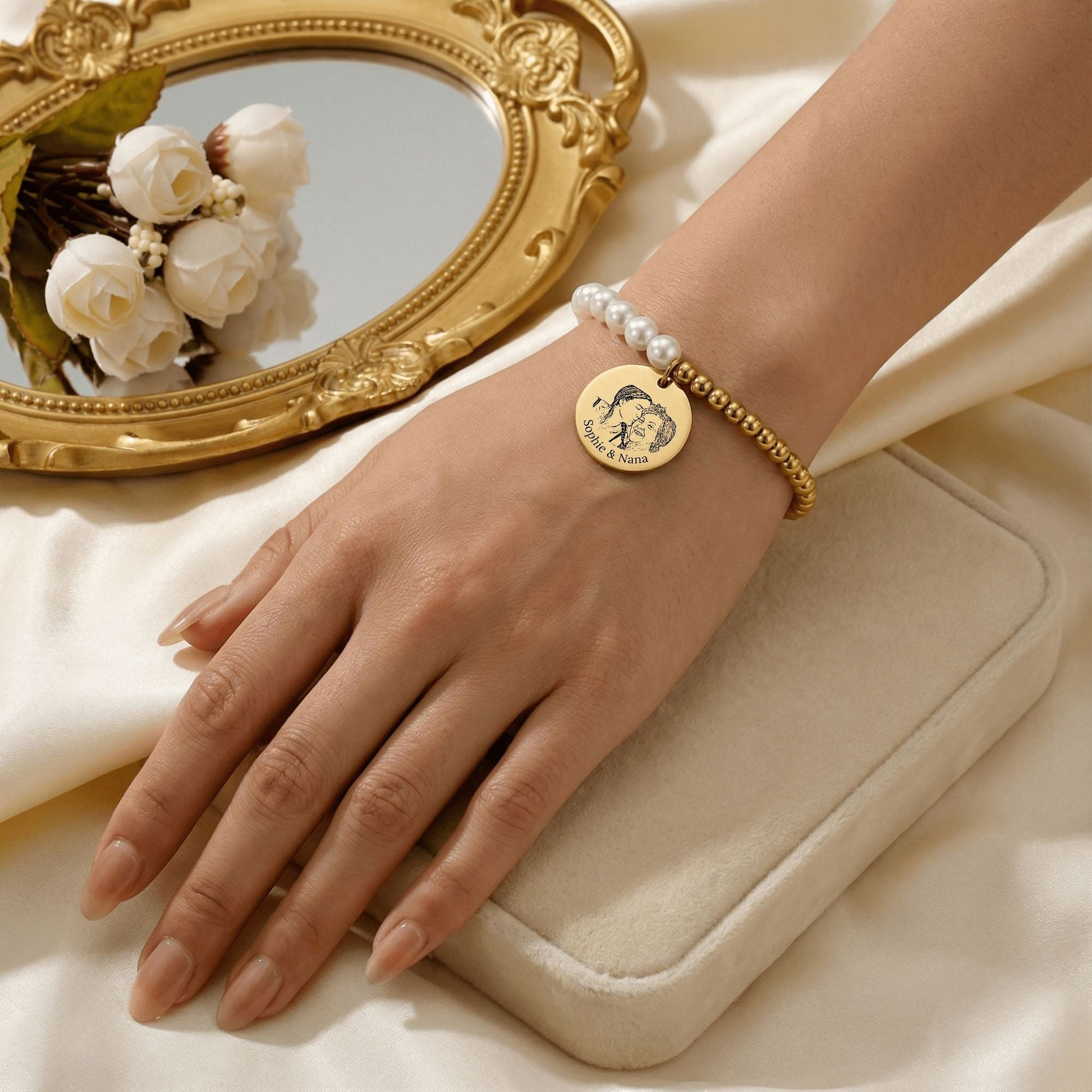Personalized Mother of Pearl Portrait Bracelet  Bracelets Deeply Engraved