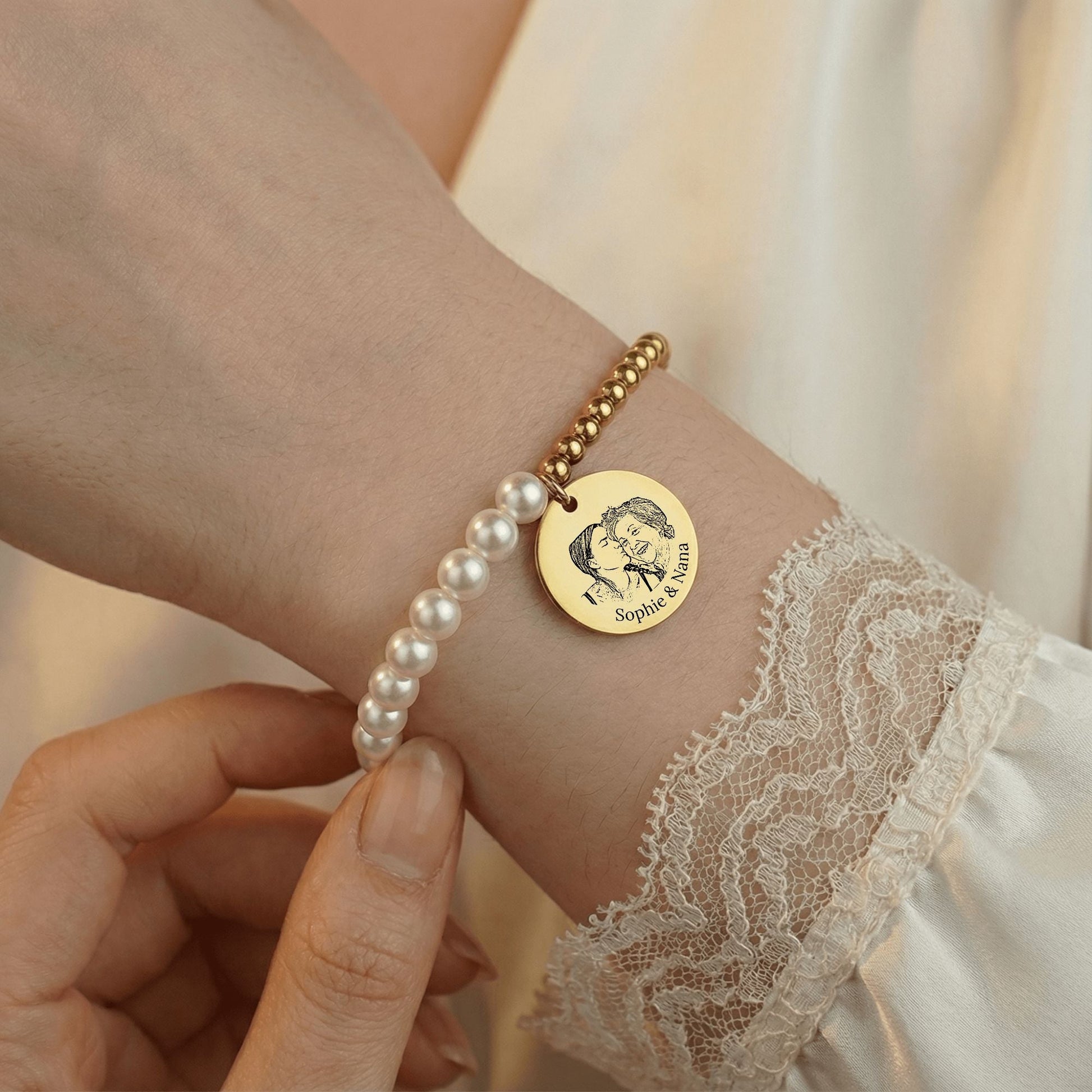 Personalized Mother of Pearl Portrait Bracelet  Bracelets Deeply Engraved