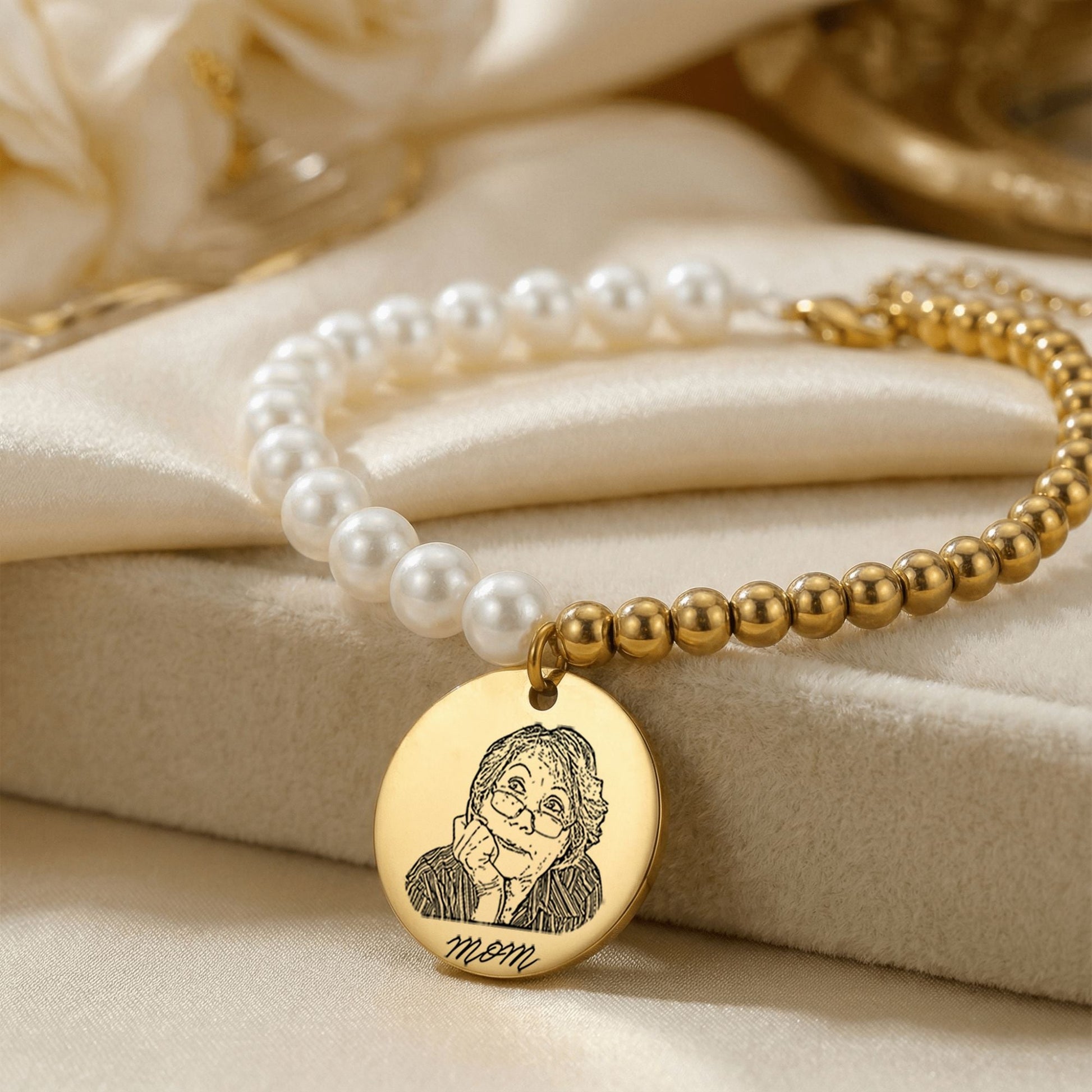Personalized Mother of Pearl Portrait Bracelet  Bracelets Deeply Engraved