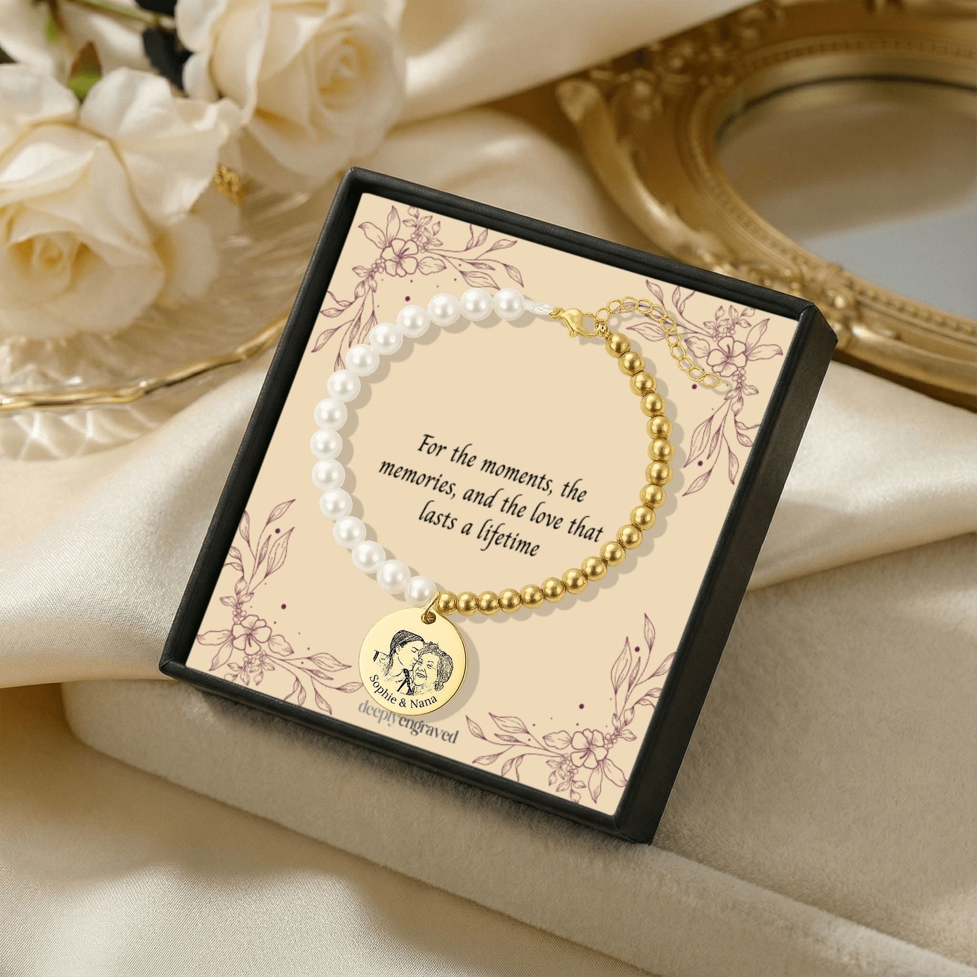 Personalized Mother of Pearl Portrait Bracelet  Bracelets Deeply Engraved