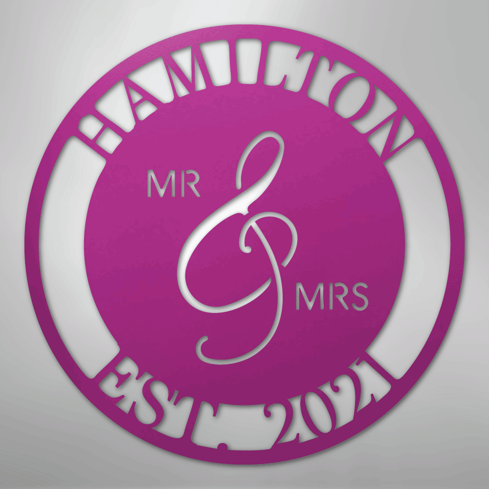 Decorative wall art with 'Hamilton' theme, featuring 'MR & MRS' on a pink-purple circle.