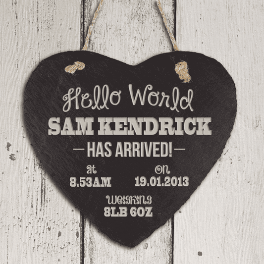 Personalized New Baby Slate Heart Hanging Sign  Keepsakes Deeply Engraved