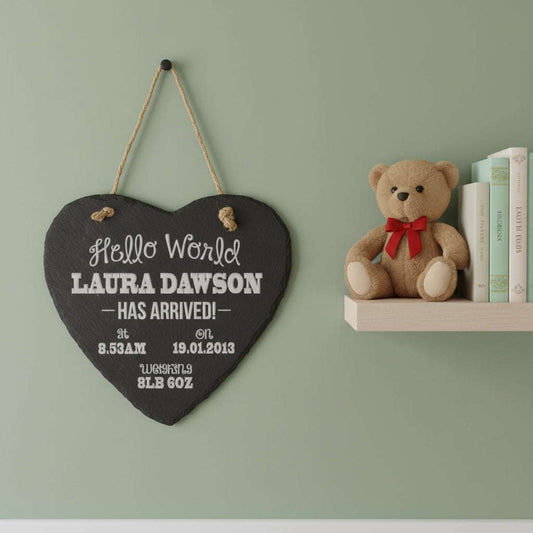 Personalized New Baby Slate Heart Hanging Sign  Keepsakes Deeply Engraved