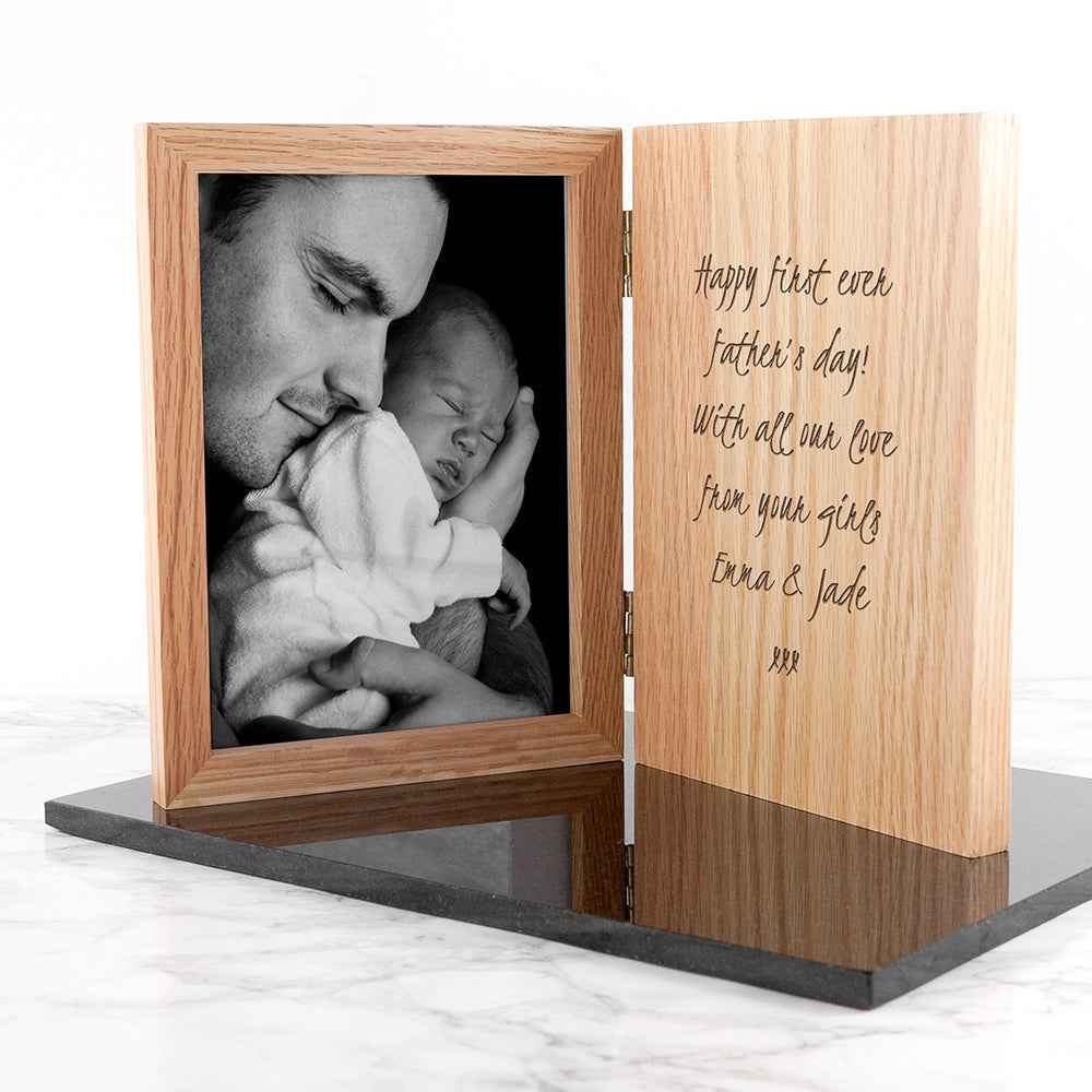 Personalized oak book photo frame with heartfelt engraving