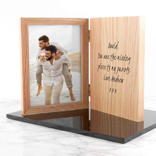 Personalized oak book photo frame with a heartfelt message