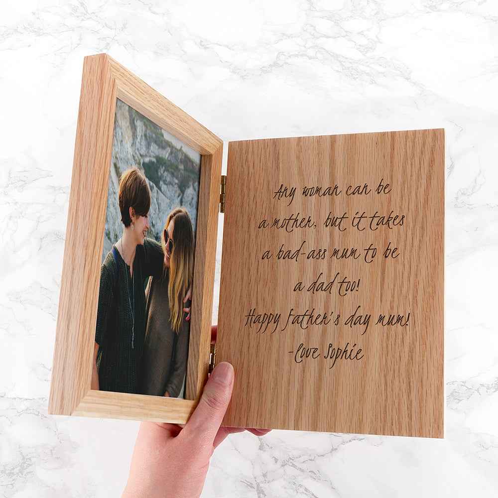 Personalized oak book photo frame with a heartfelt message for Father's Day gift