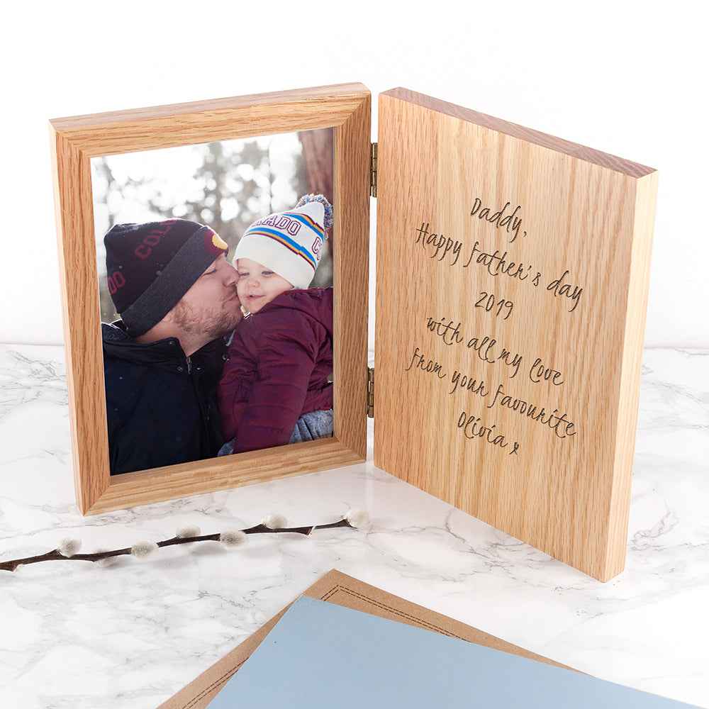 Personalized oak book photo frame featuring a heartfelt message 