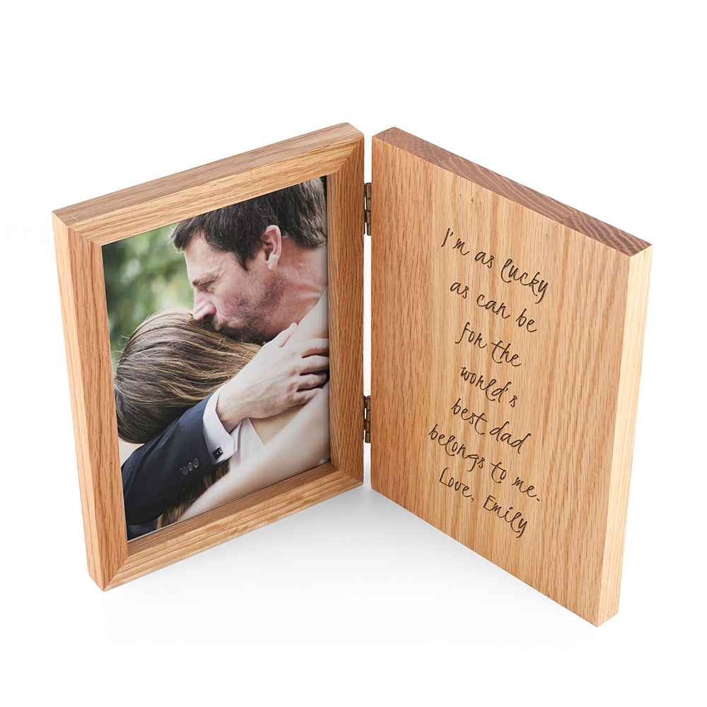 Personalized oak book photo frame featuring a heartfelt text