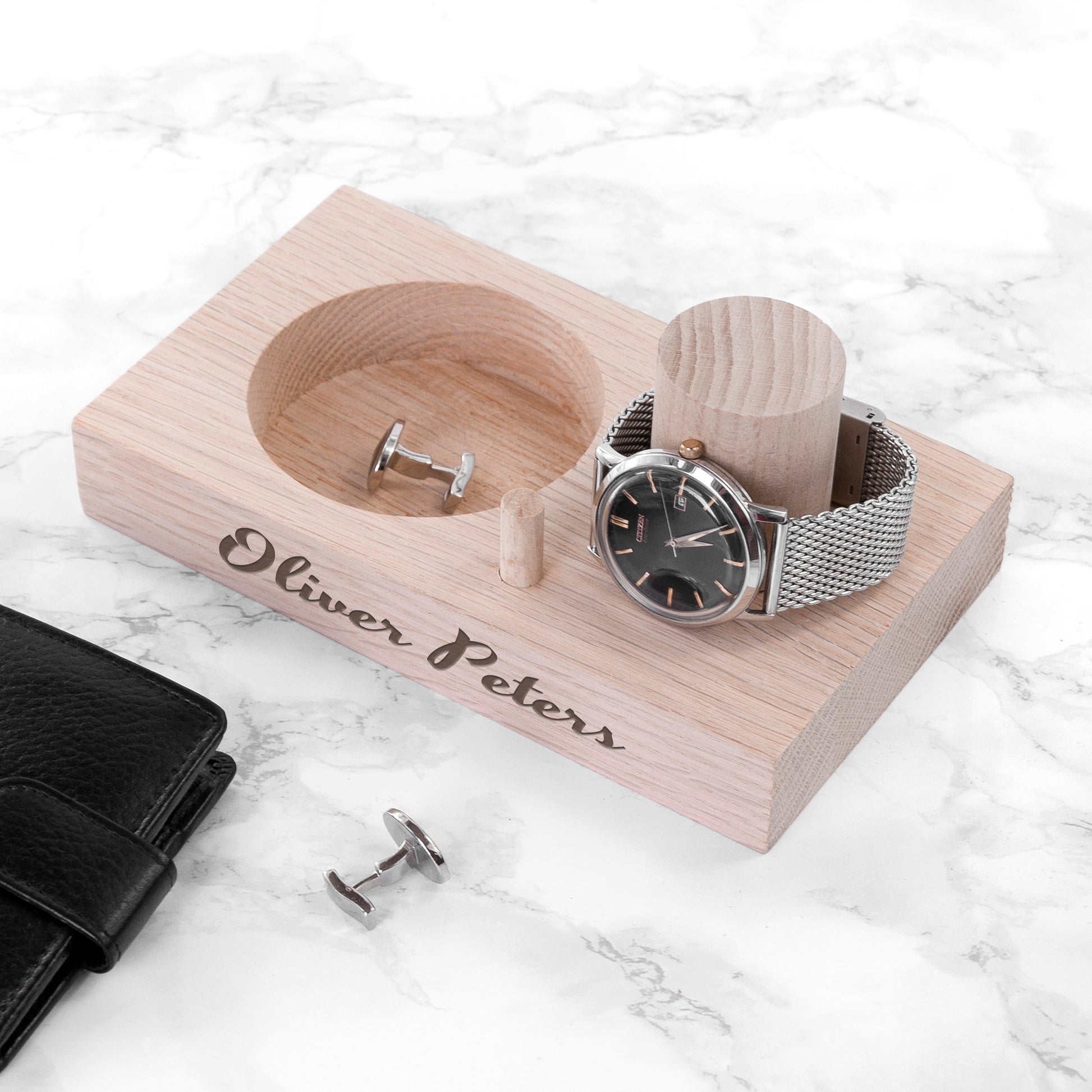 Personalized Oak Wood Watch Stand  Tidy Trays Deeply Engraved