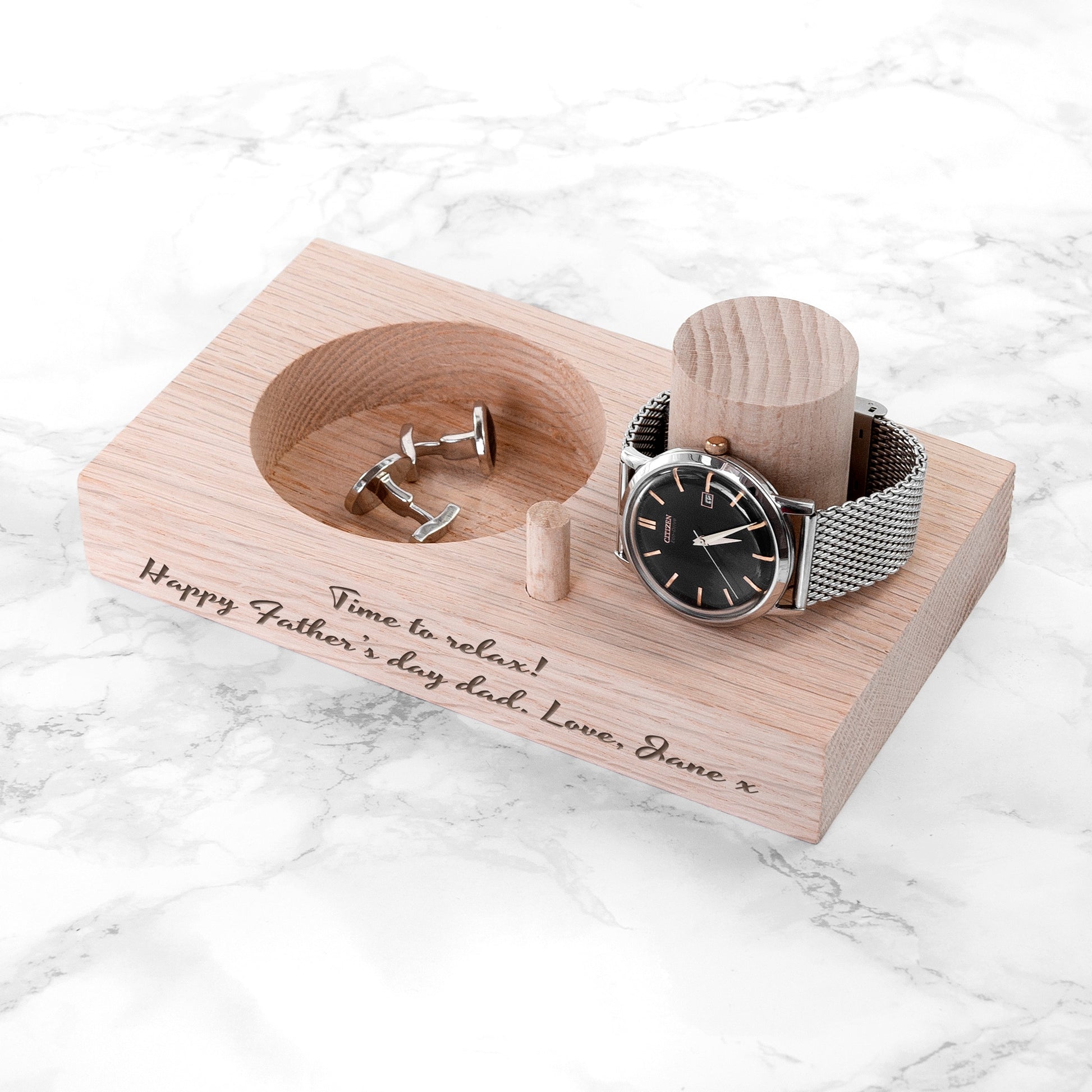 Personalized Oak Wood Watch Stand  Tidy Trays Deeply Engraved