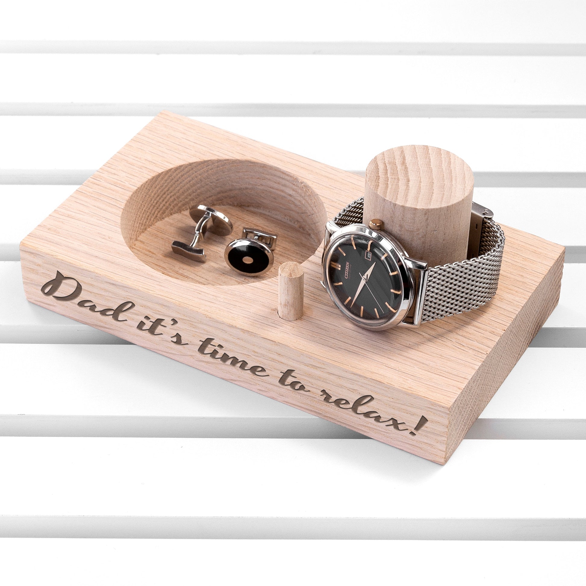 Personalized Oak Wood Watch Stand  Tidy Trays Deeply Engraved