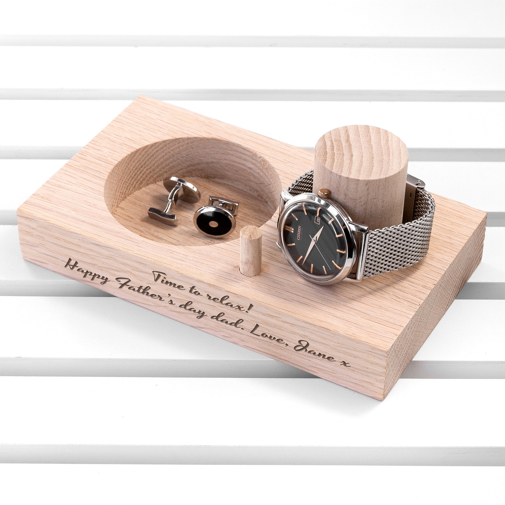 Personalized Oak Wood Watch Stand  Tidy Trays Deeply Engraved