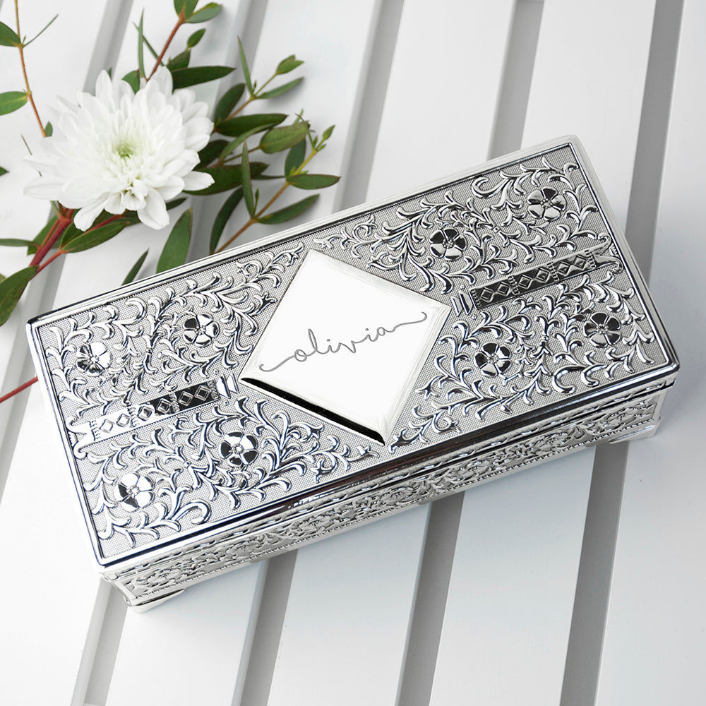 Personalized Ornatte Silver Trinket Box  Trinket Boxes Deeply Engraved