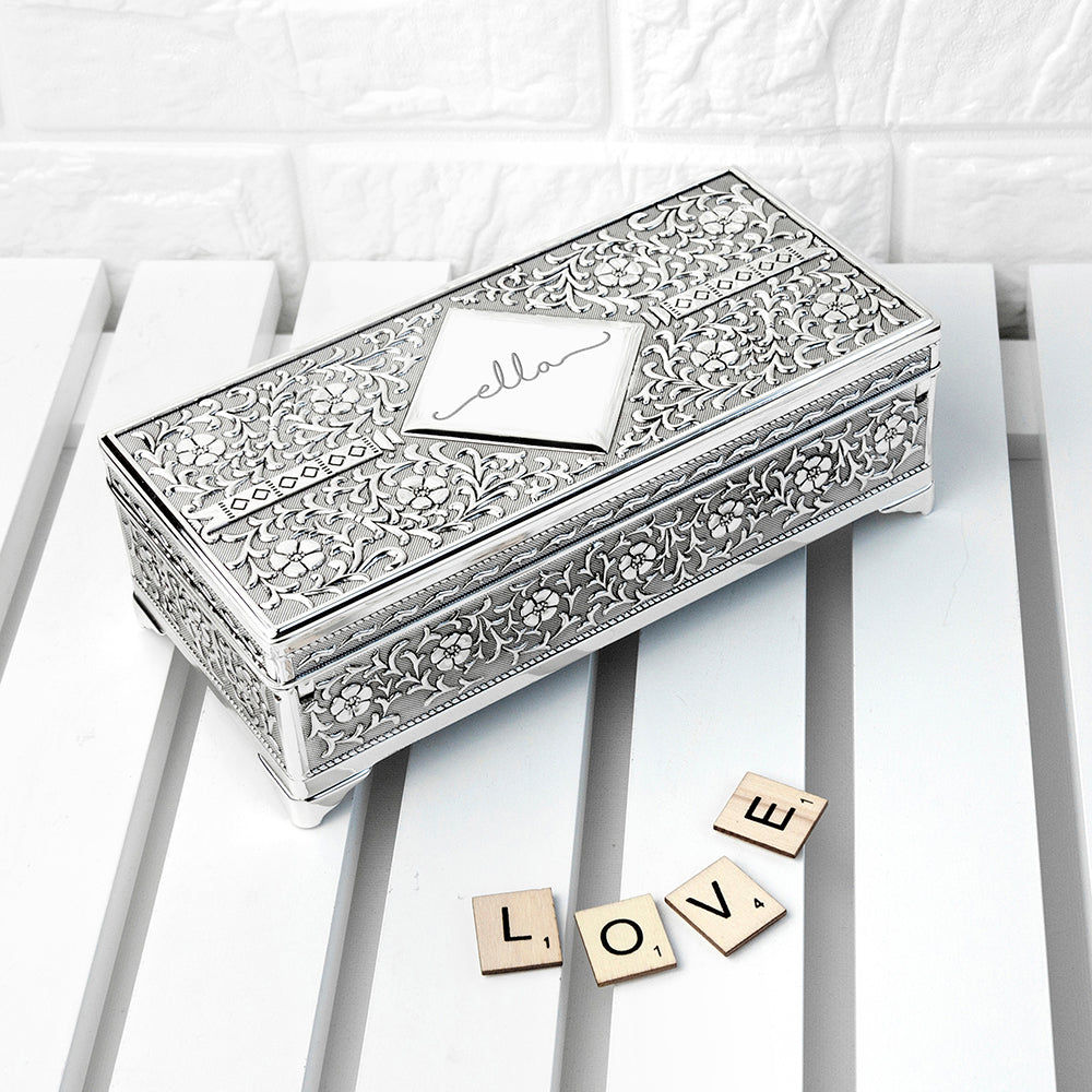 Personalized Ornatte Silver Trinket Box  Trinket Boxes Deeply Engraved