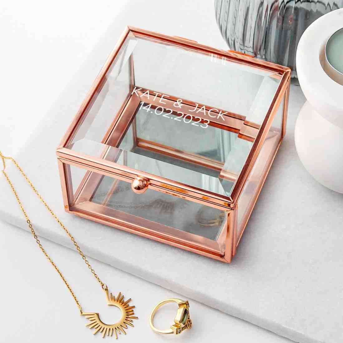 Personalized Rose Gold Glass Jewelry Box  Jewellery Boxes & Storage Deeply Engraved