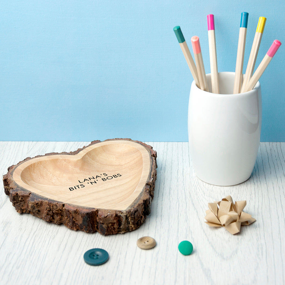 Personalized Rustic Carved Wooden Heart Trinket Dish  Tidy Trays Deeply Engraved