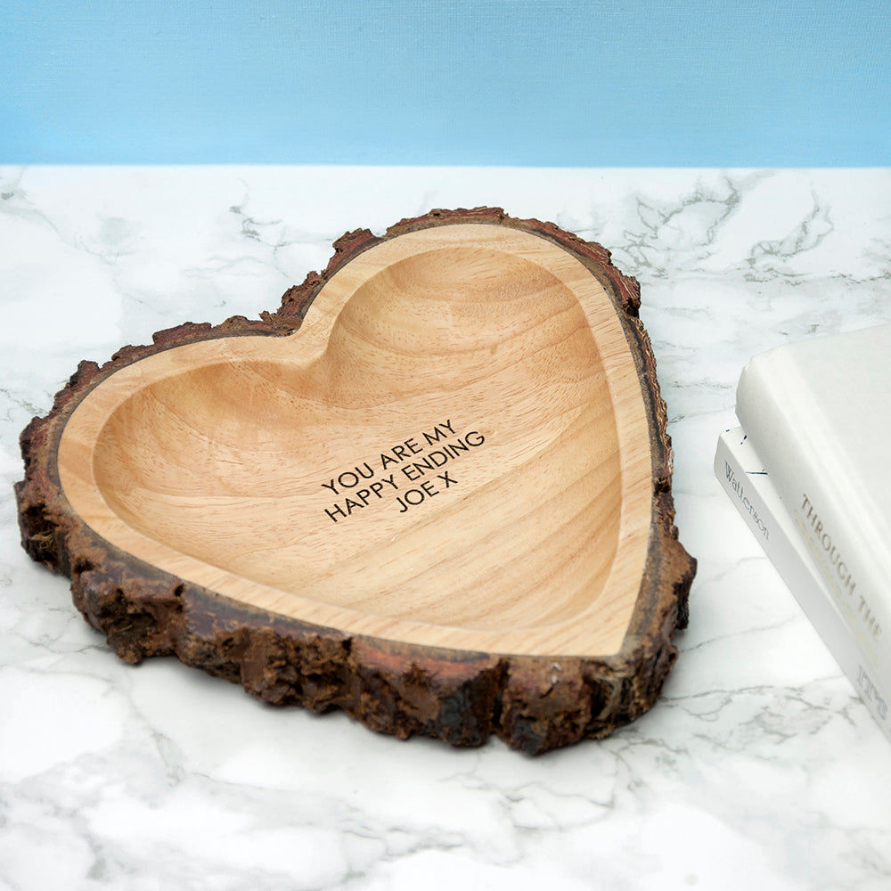 Personalized Rustic Carved Wooden Heart Trinket Dish  Tidy Trays Deeply Engraved