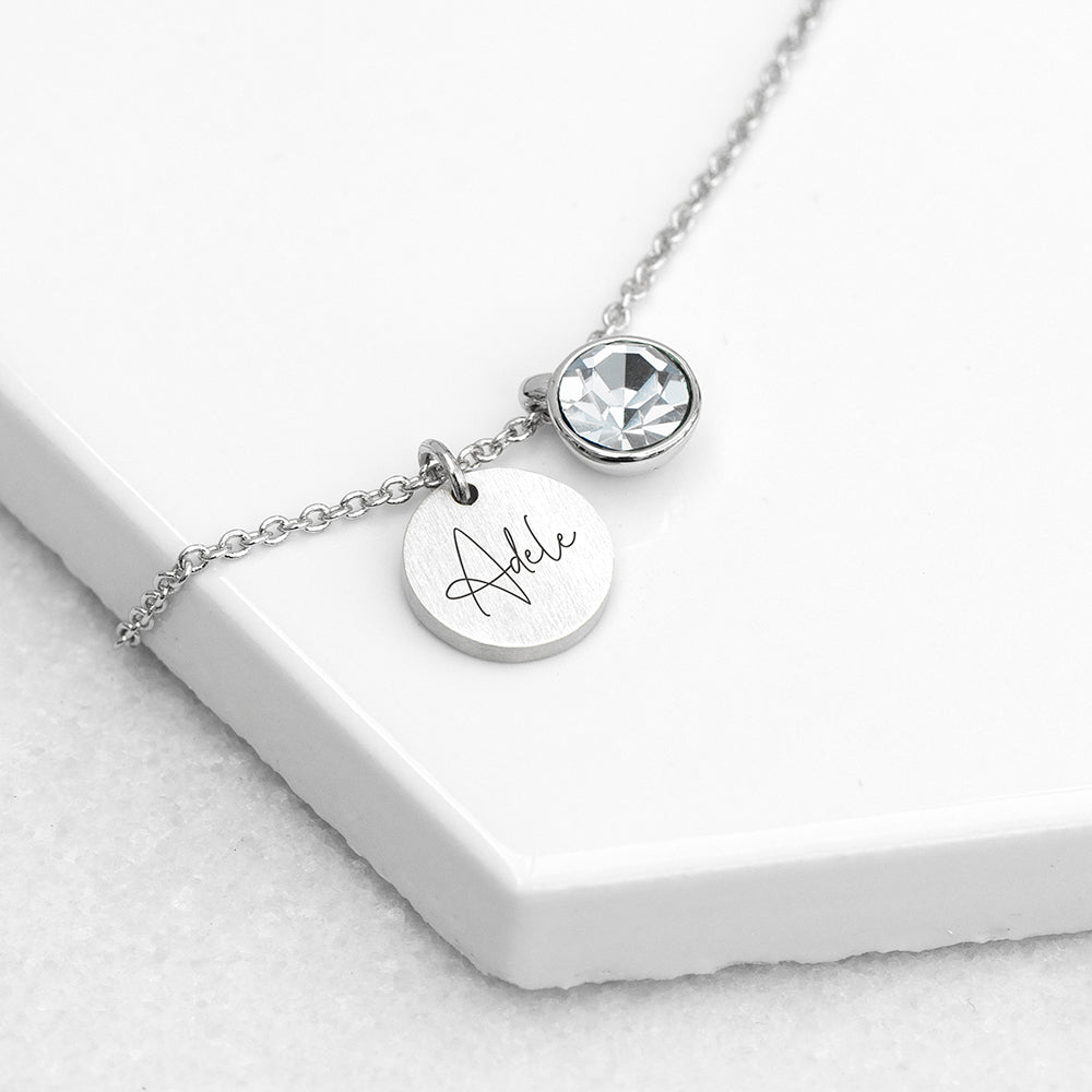 Personalized Silver Birthstone Crystal and Disc Necklace  Necklaces Deeply Engraved
