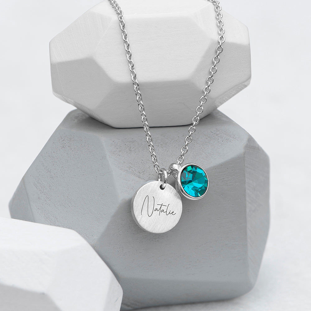 Personalized Silver Birthstone Crystal and Disc Necklace  Necklaces Deeply Engraved