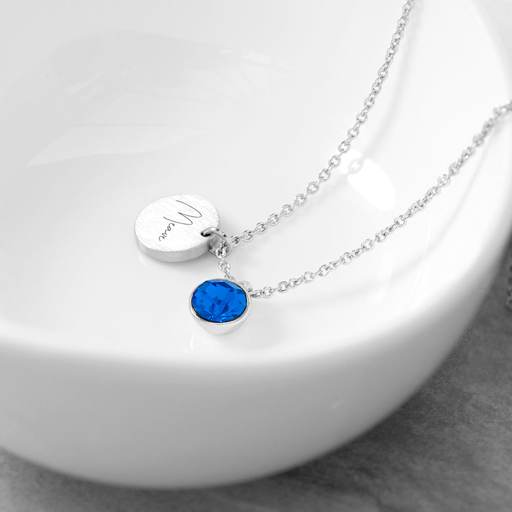 Personalized Silver Birthstone Crystal and Disc Necklace  Necklaces Deeply Engraved
