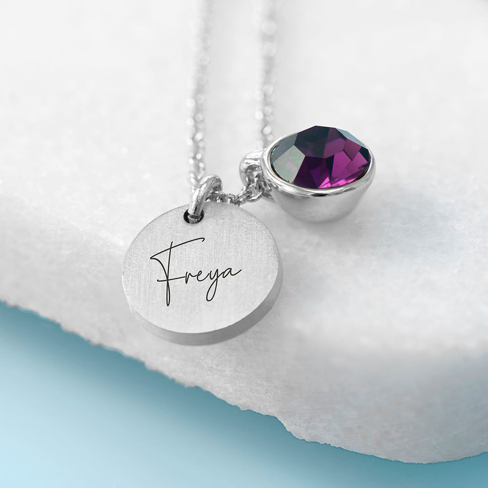 Personalized Silver Birthstone Crystal and Disc Necklace  Necklaces Deeply Engraved