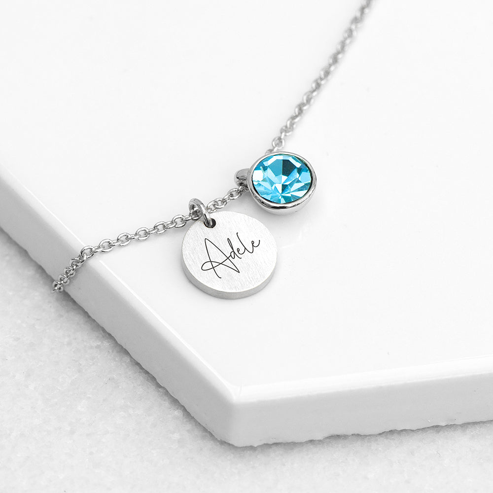 Personalized Silver Birthstone Crystal and Disc Necklace  Necklaces Deeply Engraved