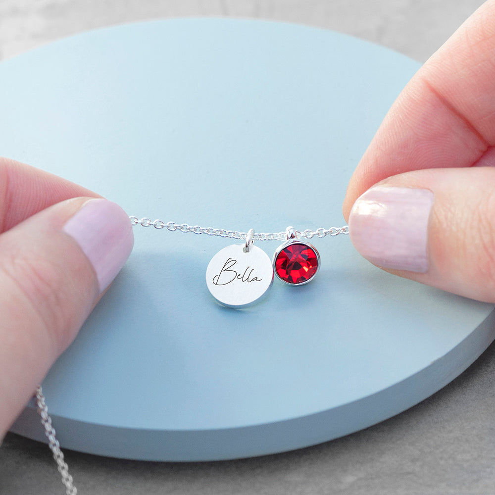 Personalized Silver Birthstone Crystal and Disc Necklace  Necklaces Deeply Engraved