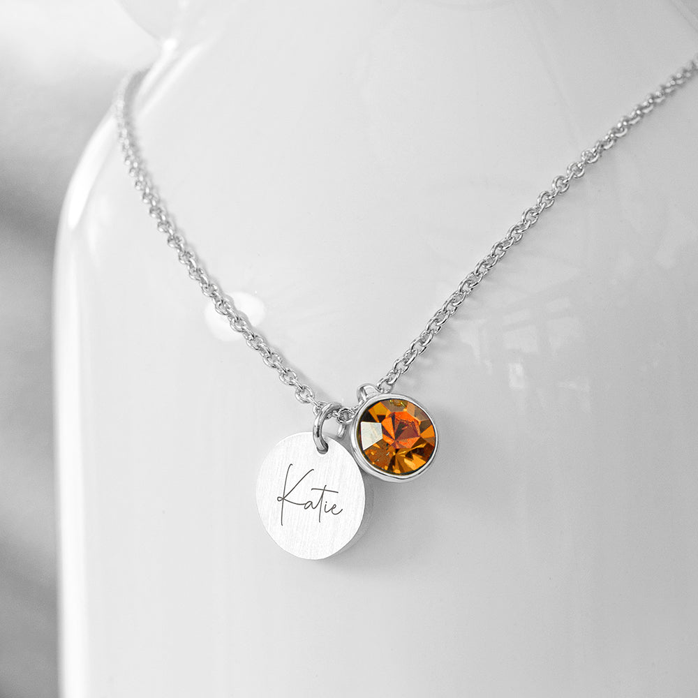 Personalized Silver Birthstone Crystal and Disc Necklace  Necklaces Deeply Engraved