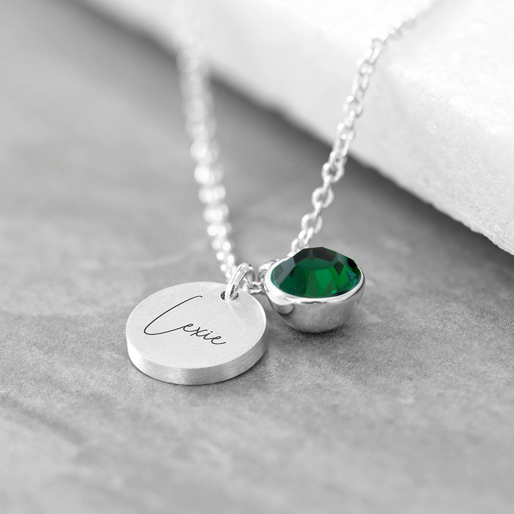 Personalized Silver Birthstone Crystal and Disc Necklace  Necklaces Deeply Engraved