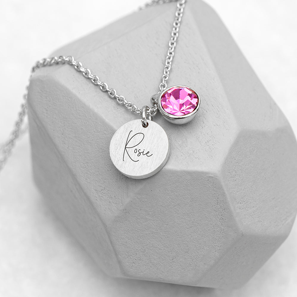 Personalized Silver Birthstone Crystal and Disc Necklace  Necklaces Deeply Engraved