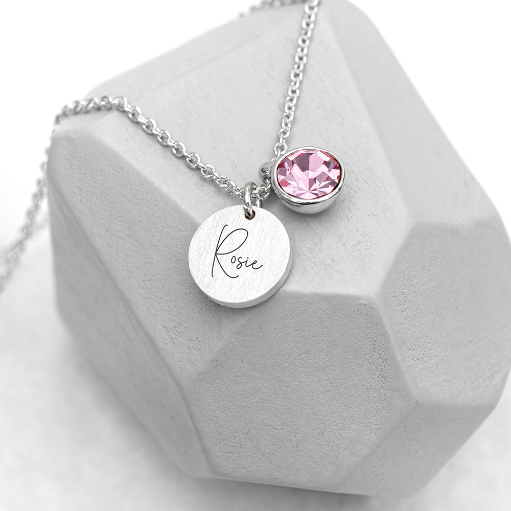 Personalized Silver Birthstone Crystal and Disc Necklace  Necklaces Deeply Engraved