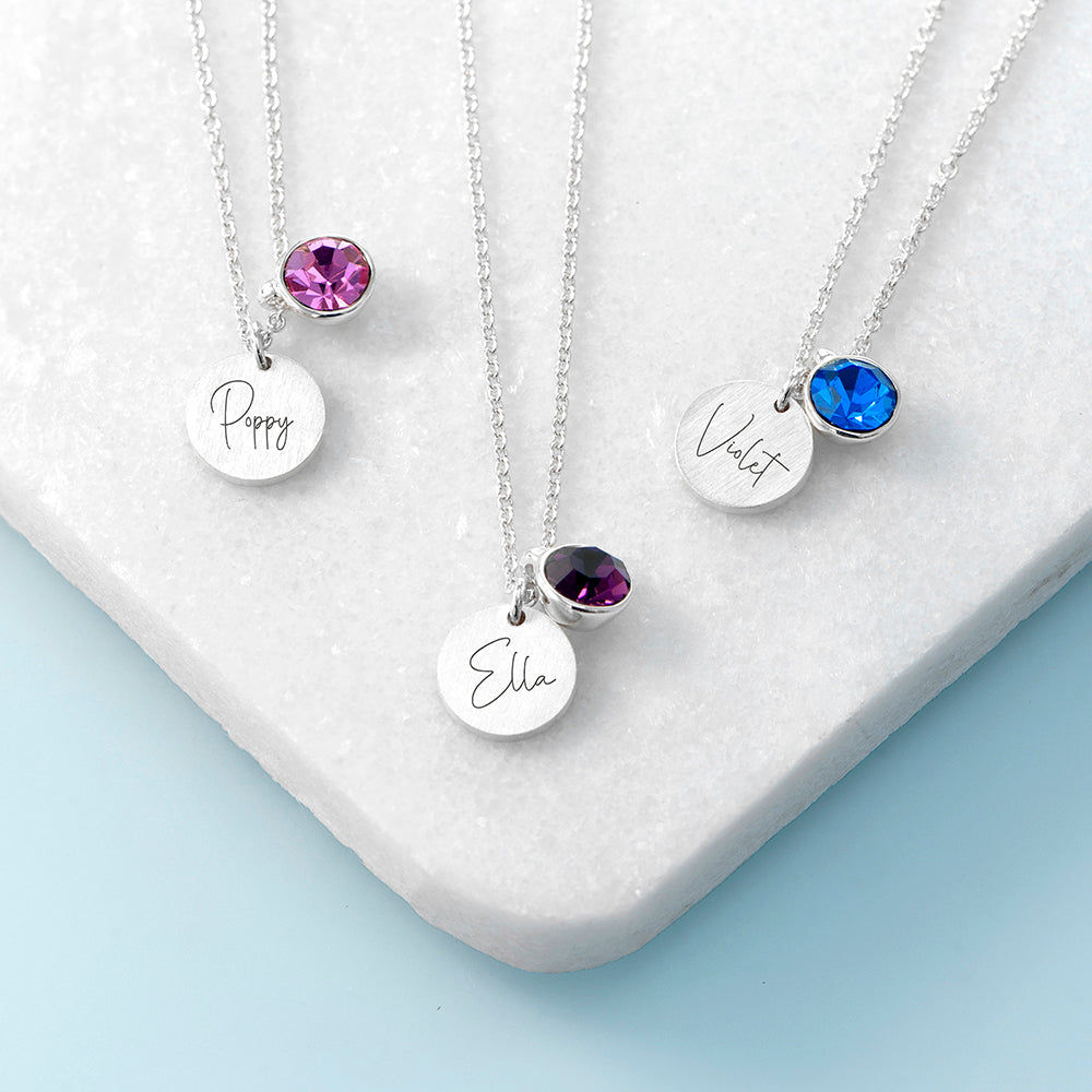 Personalized Silver Birthstone Crystal and Disc Necklace  Necklaces Deeply Engraved