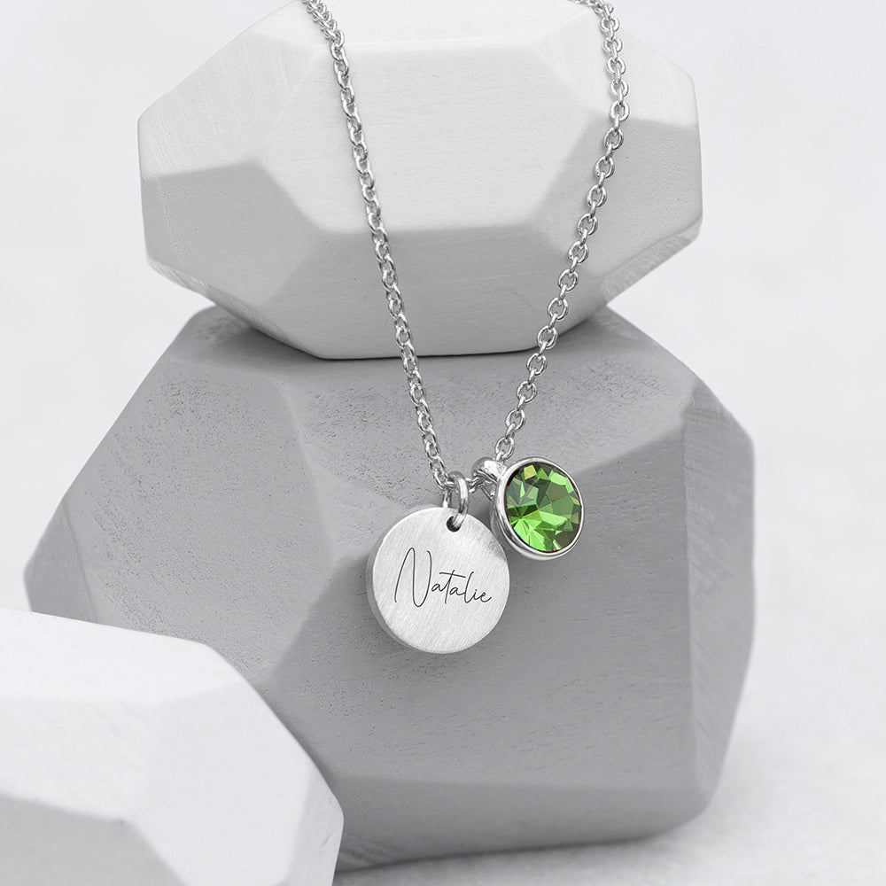 Personalized Silver Birthstone Crystal and Disc Necklace  Necklaces Deeply Engraved
