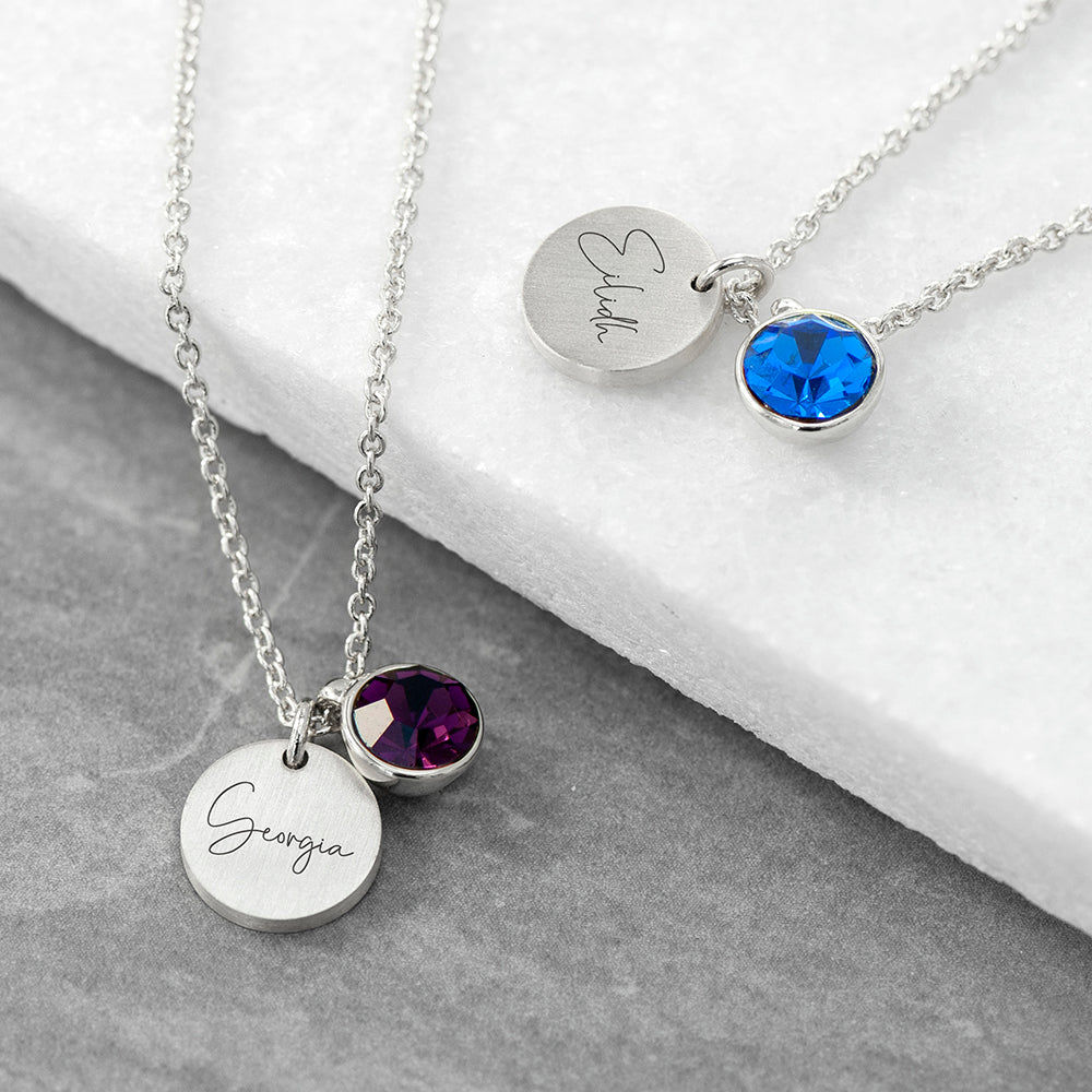 Personalized Silver Birthstone Crystal and Disc Necklace  Necklaces Deeply Engraved