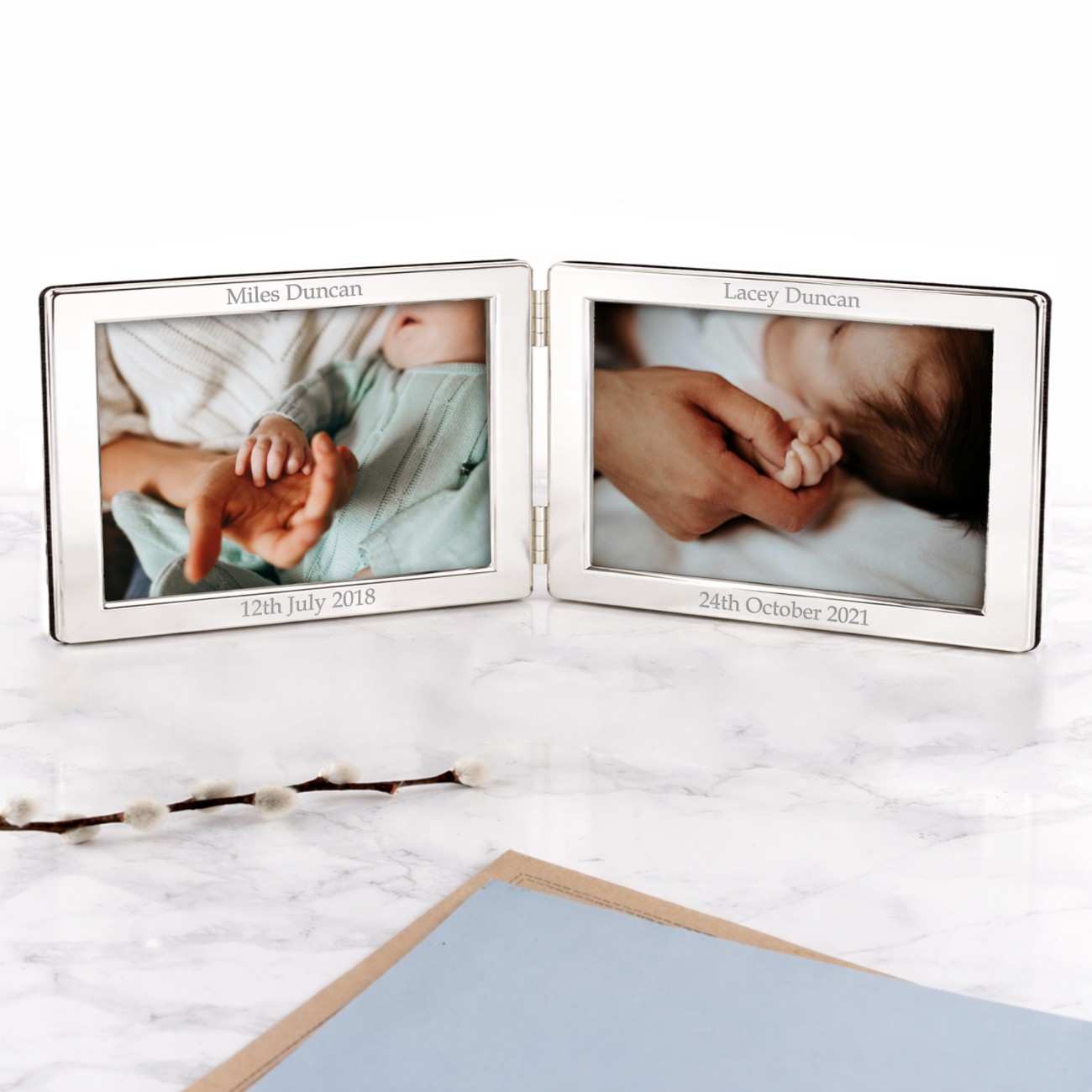 Personalized Silver Double Photo Frame - Landscape  Photo Frames Deeply Engraved