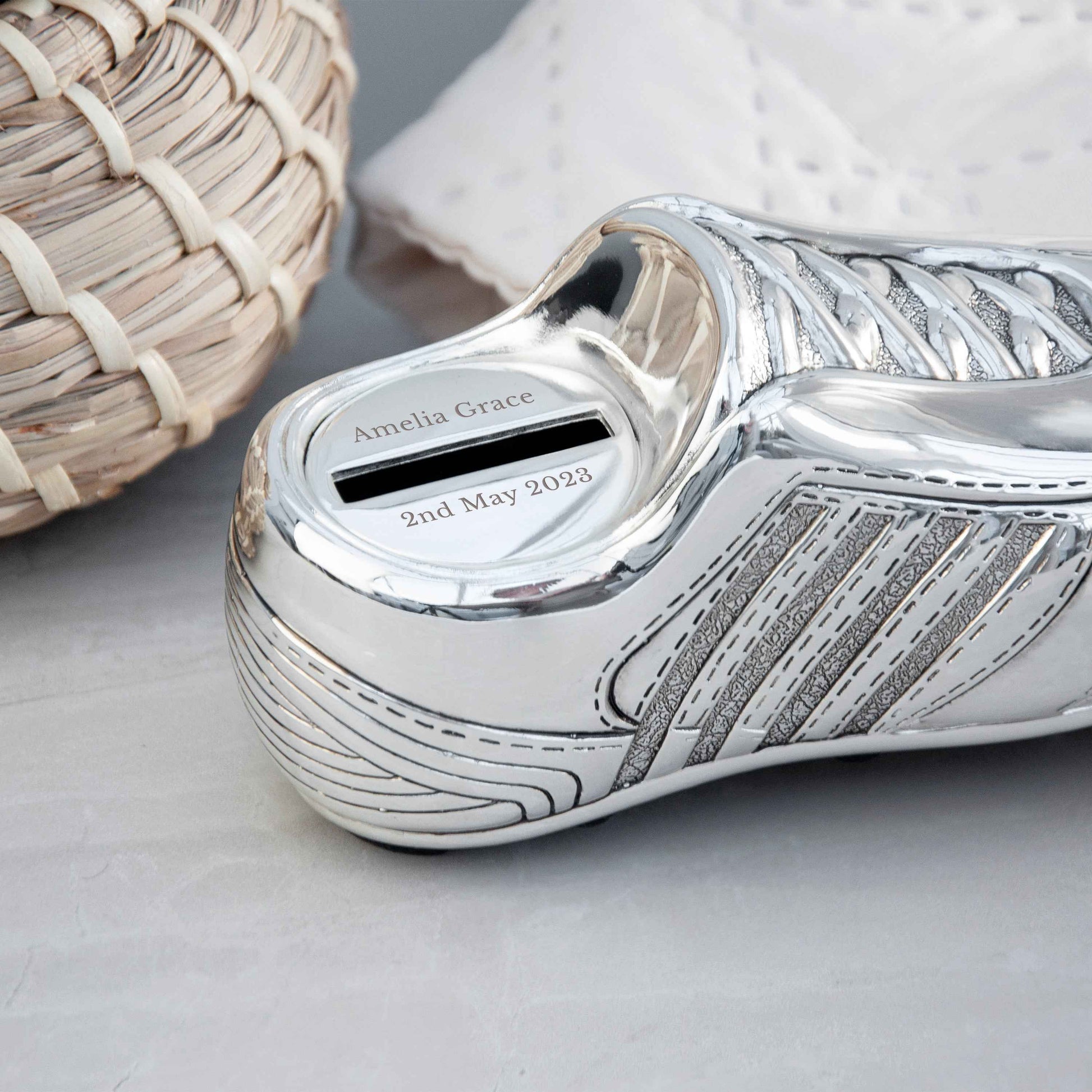 Personalized Silver Plated Football Boot Money Box  Money Boxes Deeply Engraved