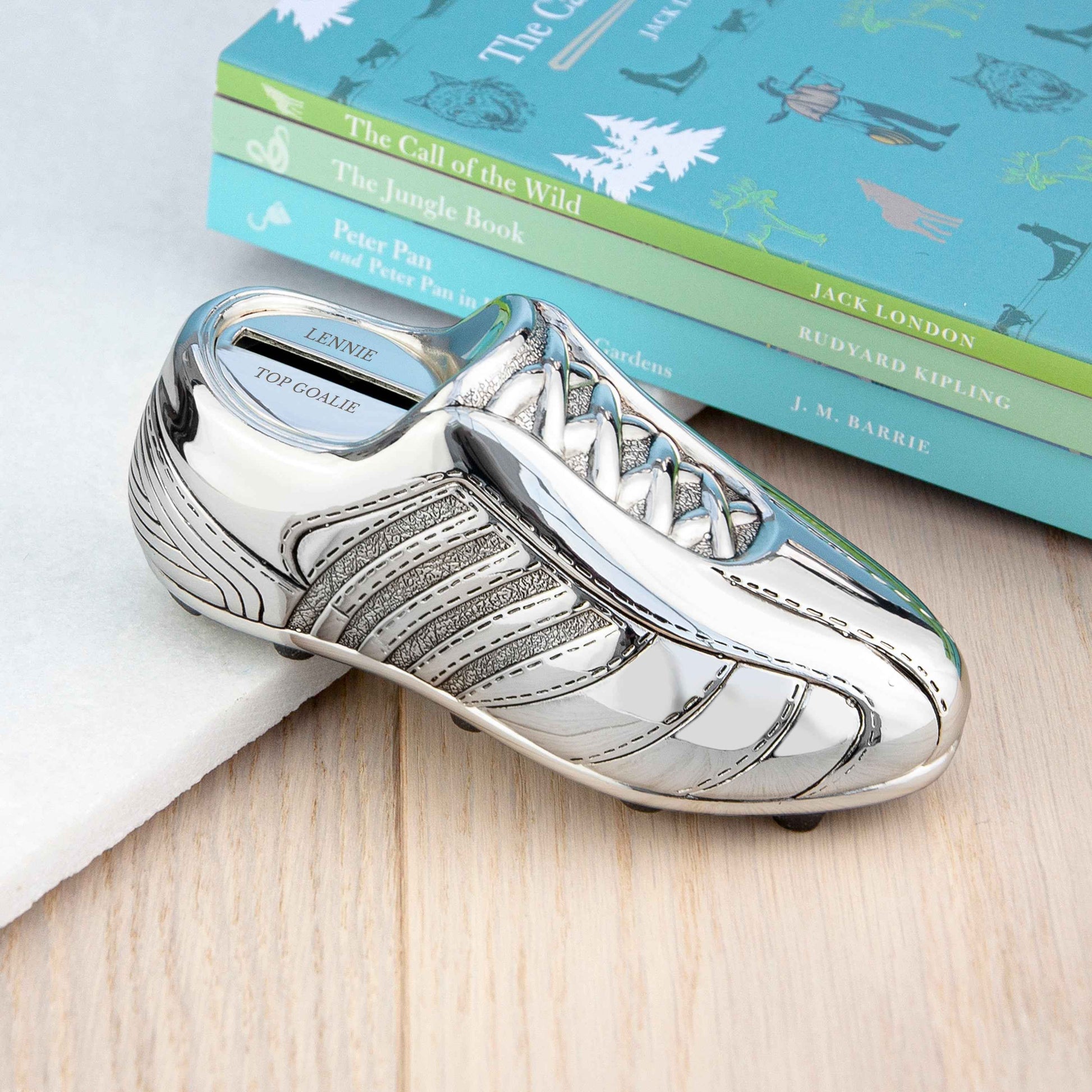 Personalized Silver Plated Football Boot Money Box  Money Boxes Deeply Engraved
