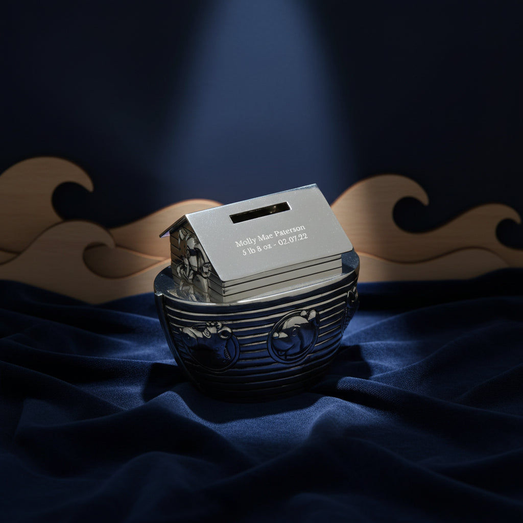 Personalized Silver Plated Noah’s Ark Money Box  Money Boxes Deeply Engraved