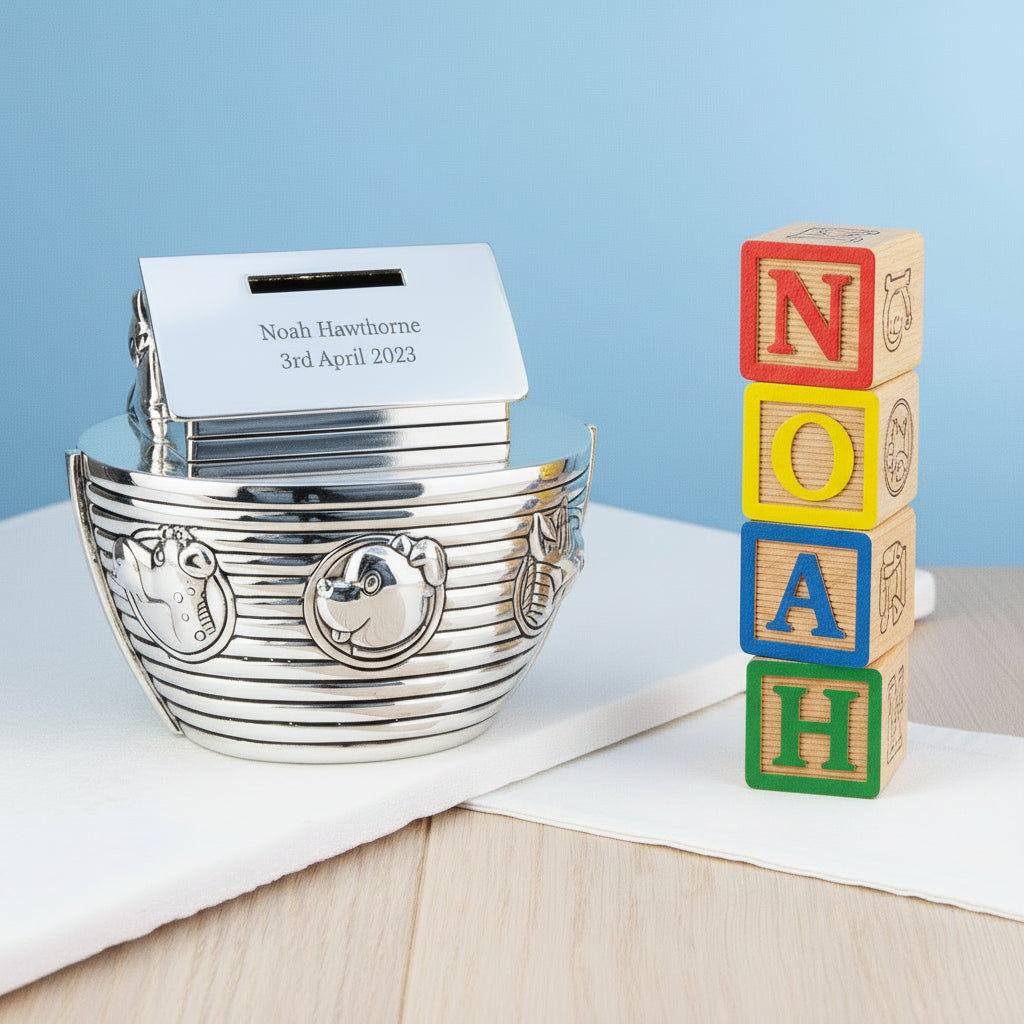 Personalized Silver Plated Noah’s Ark Money Box  Money Boxes Deeply Engraved