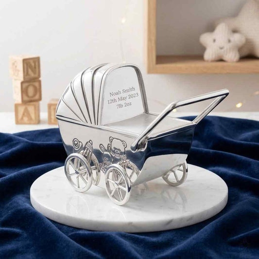 Personalized Silver Plated Pram Money Box  Money Boxes Deeply Engraved