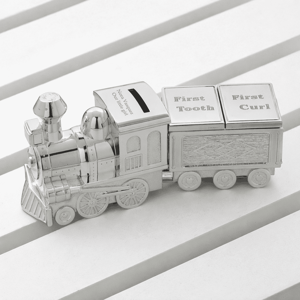 Personalized Silver Train Money Box – First Tooth & Curl Keepsake  Money Boxes Deeply Engraved