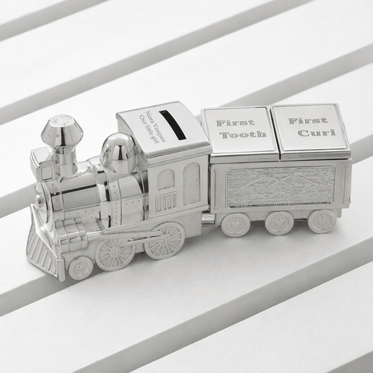 Personalized Silver Train Money Box – First Tooth & Curl Keepsake  Money Boxes Deeply Engraved