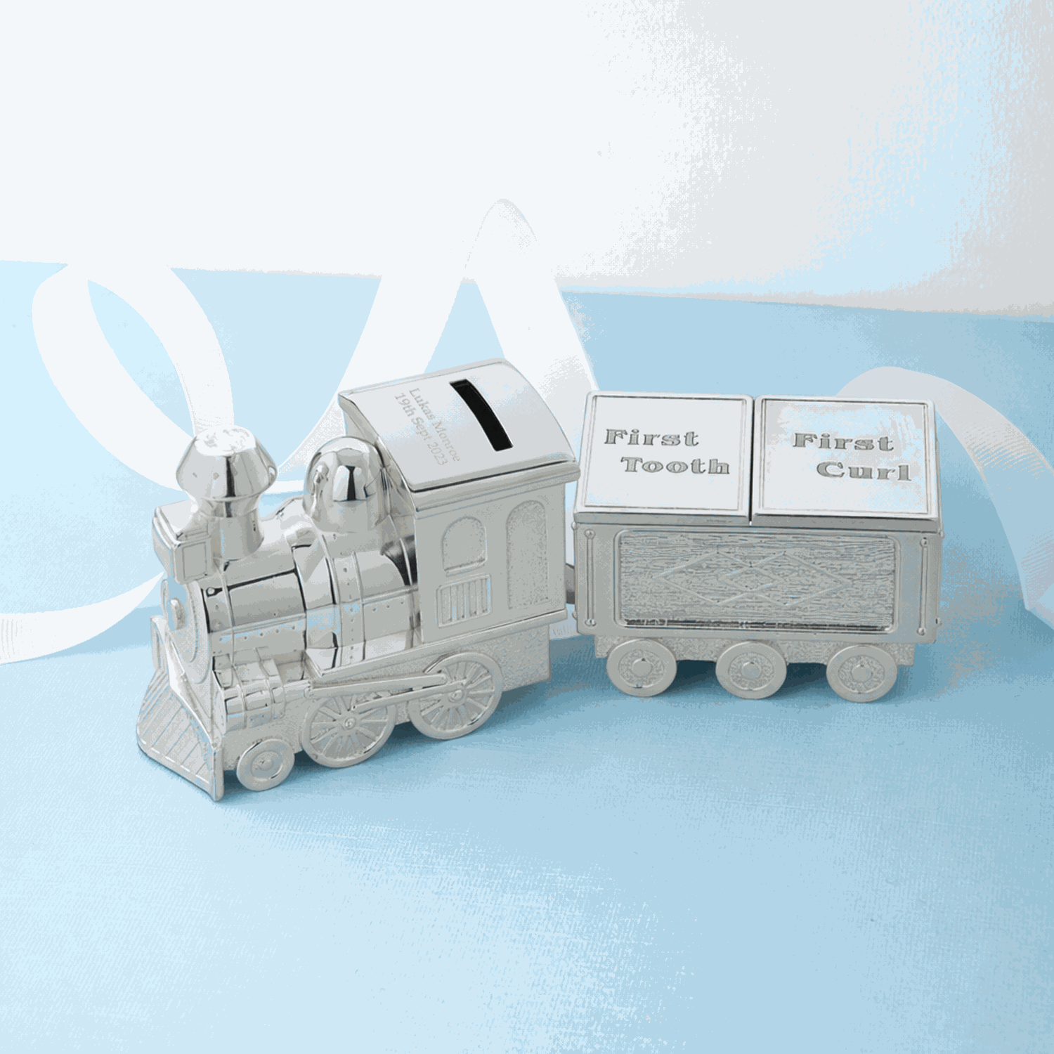 Personalized Silver Train Money Box – First Tooth & Curl Keepsake  Money Boxes Deeply Engraved