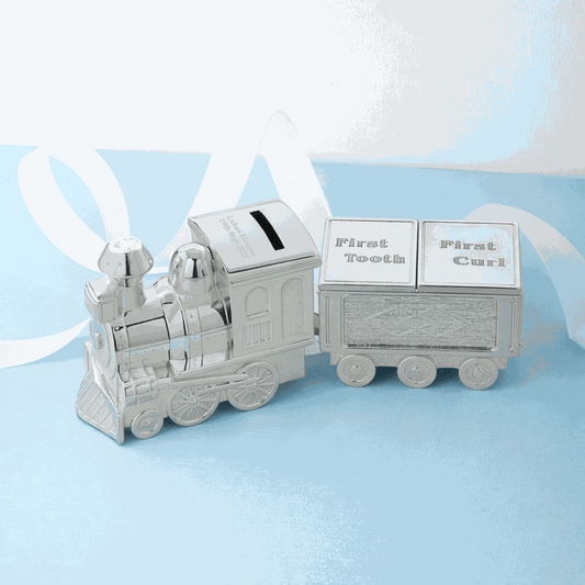 Personalized Silver Train Money Box – First Tooth & Curl Keepsake  Money Boxes Deeply Engraved