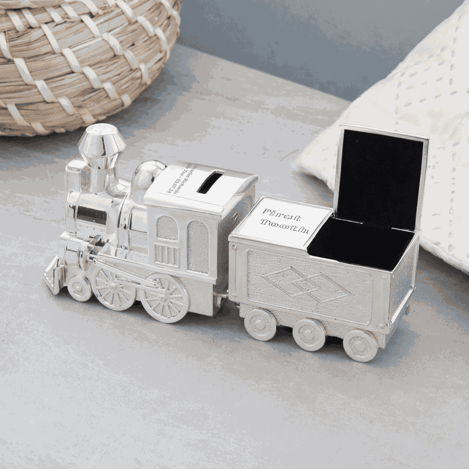 Personalized Silver Train Money Box – First Tooth & Curl Keepsake  Money Boxes Deeply Engraved