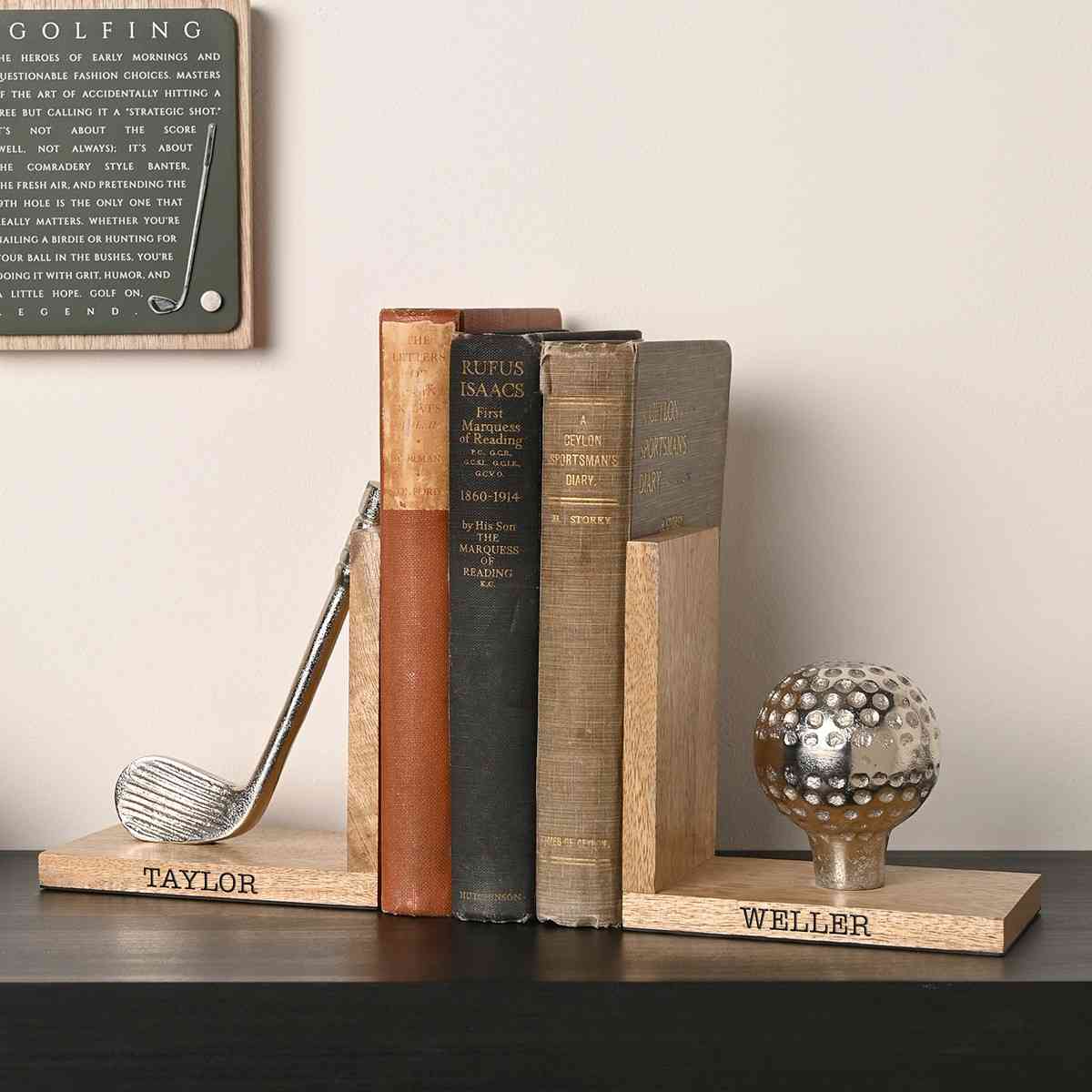 Personalized Solid Pine Golf Bookends | 540g Heavy-Duty  Bookends Deeply Engraved